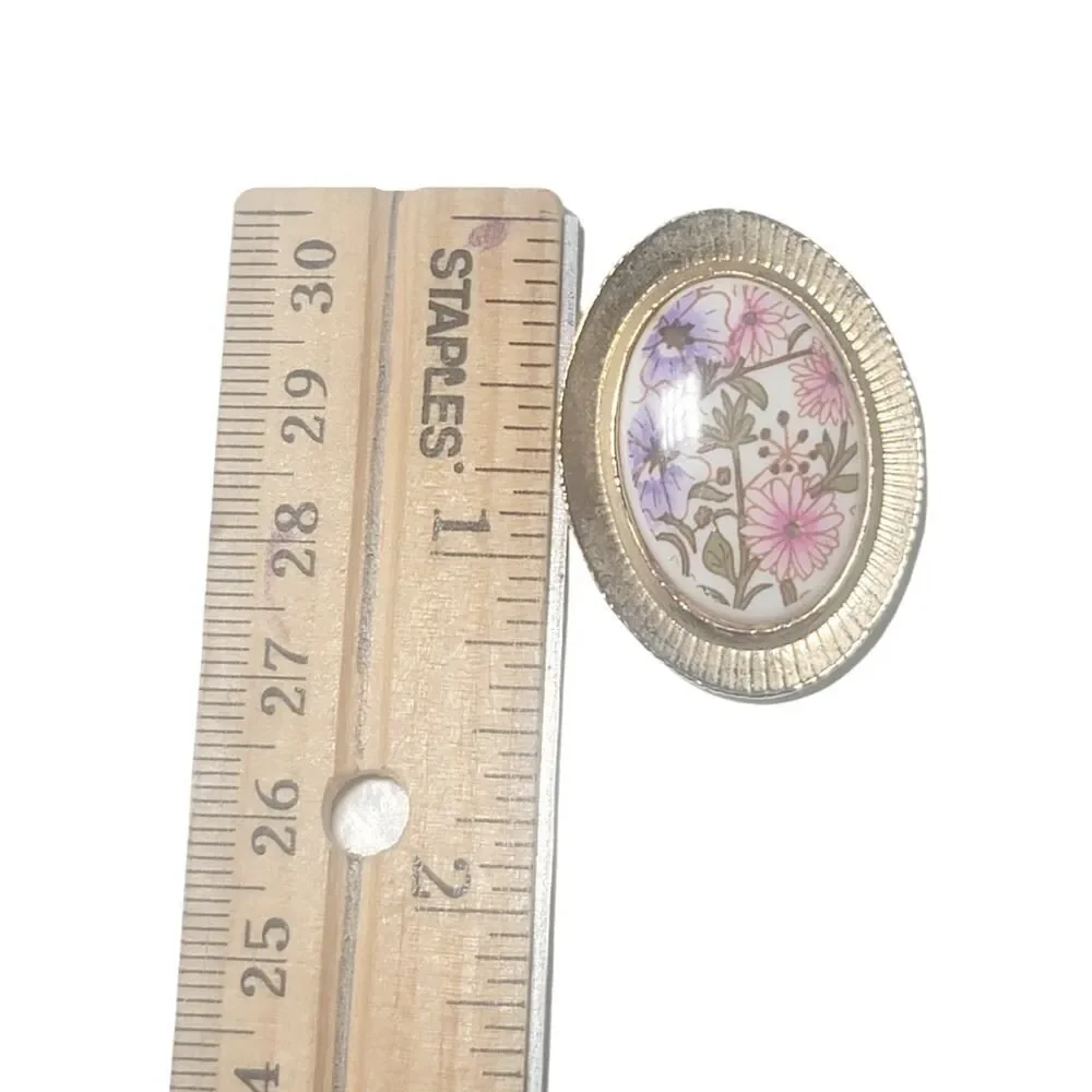 Vintage Pendant Porcelain Hand Painted Pink Purple‎ Flowers Jewelry 1.5
